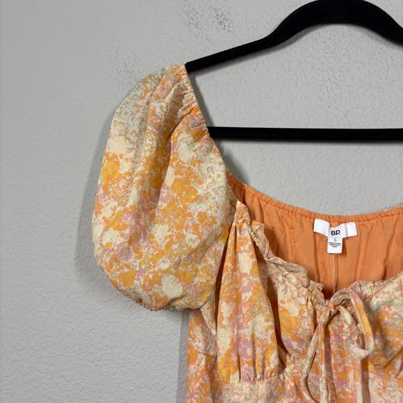 BP Small Crosshatch Yellow Orange Meadow Floral Milkmaid Short Sleeve Dress - Picture 3 of 10